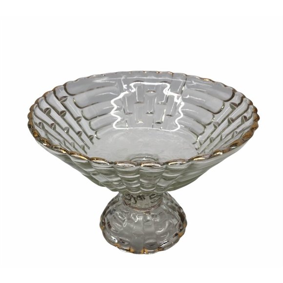 Gold Scalloped Rim Beautiful Floral Etching Pedestal Footed Candy Dish - Picture 1 of 3